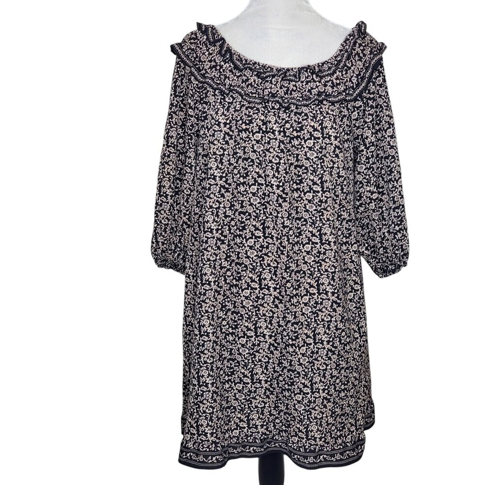 Max Studio Women Black White & Pink Floral Off the Shoulder Pockets Dress Medium